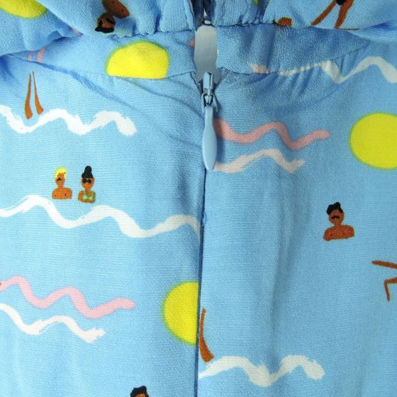 Rare Larke Anthropologie ruffle dress blue cute summer fun print 2XS petite - Picture 7 of 13